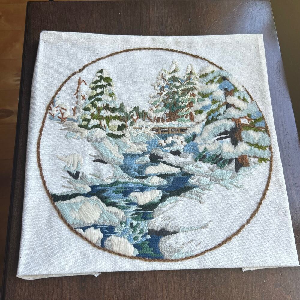 Vintage Sunset Stitchery Cottage Embroidery crewel finished piece snow stream